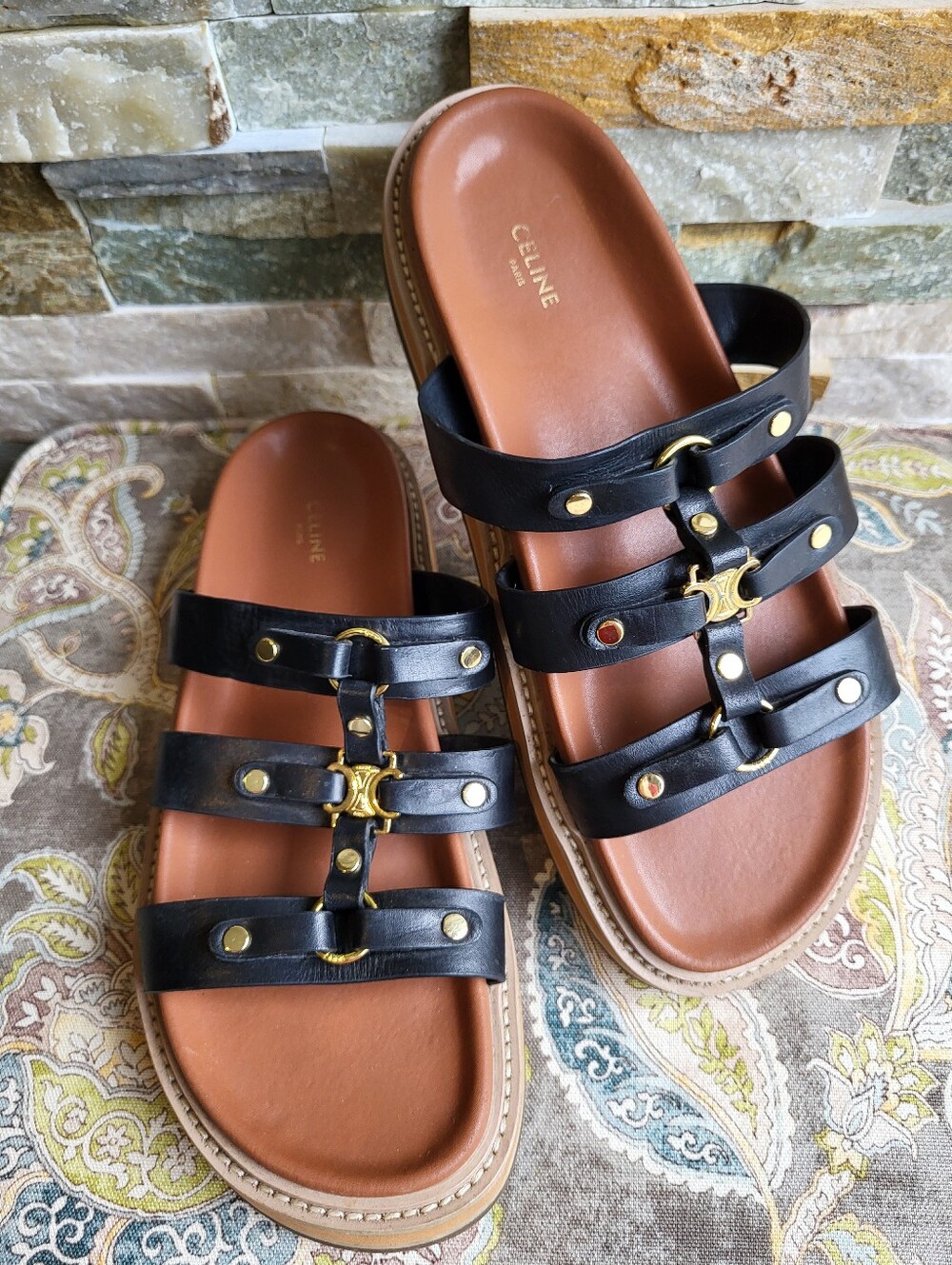 Celine Triomphe Black Leather Sandals – Gold Hardware, Calfskin Luxury Flats